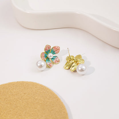 Adiffu Sweet Dripping Oil Flower Pearl Earrings