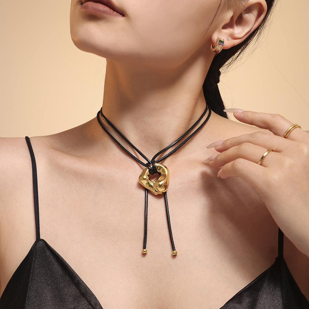 Adiffu Leather Rope Adjustable Geometric Pendant Sweater Necklace