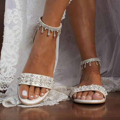 Adiffu Women's Summer White Flat Sandals Wedding Shoes
