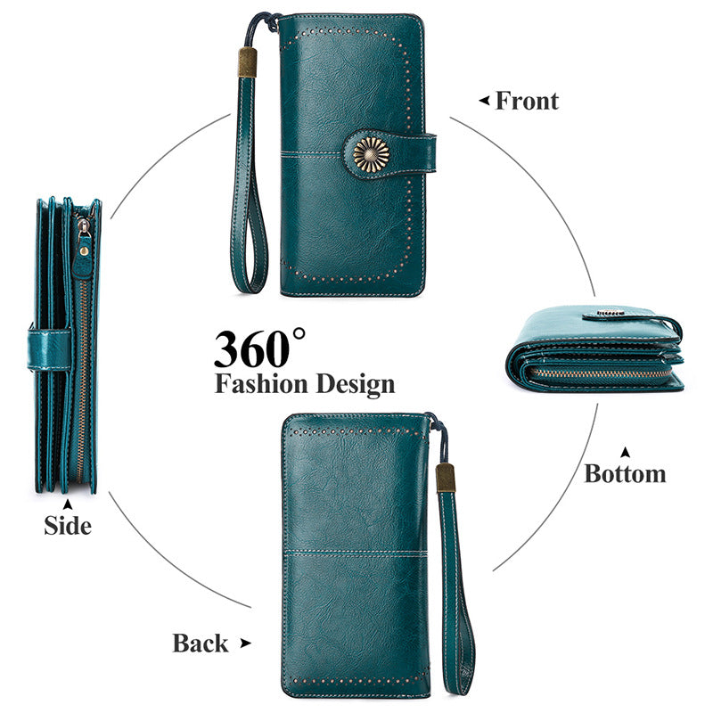 Adiffu Women's Anti-magnetic Purse Cowhide Wallet Large Capacity Clutch Bag