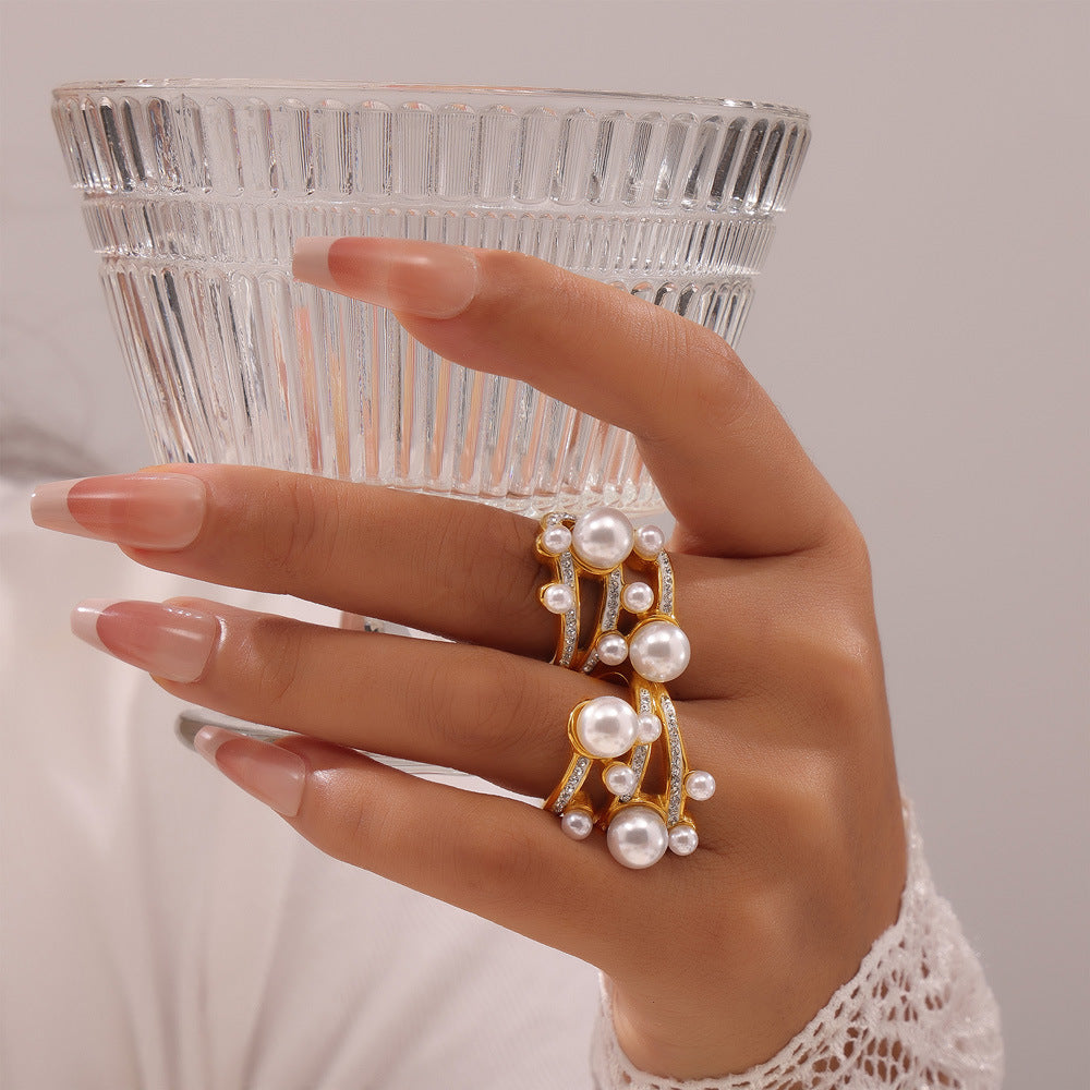 Adiffu Elegant 18K Gold Ring With Diamond And Imitation Pearl