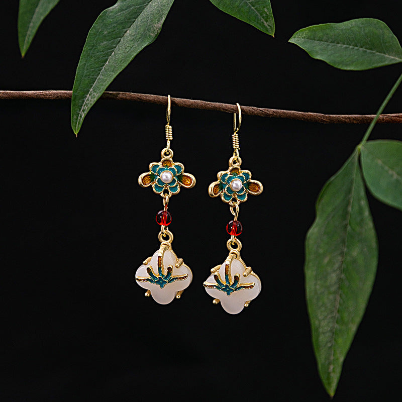 National Style Retro Imitation Jade Four-leaf Clover Earrings
