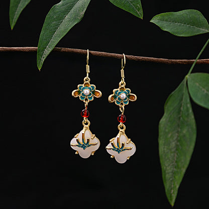 National Style Retro Imitation Jade Four-leaf Clover Earrings