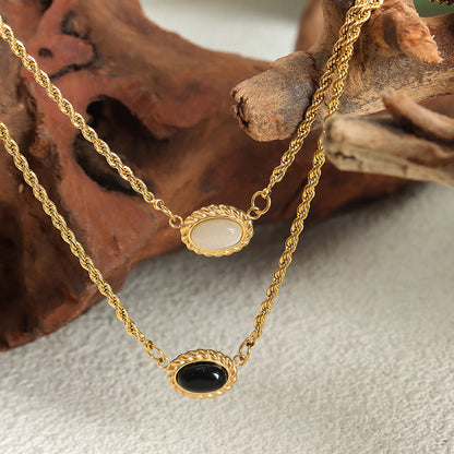Adiffu Geometric Texture Oval Pendant Double Necklace