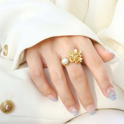 Adiffu Baroque Imitation Pearl Flower Shape Open Ring