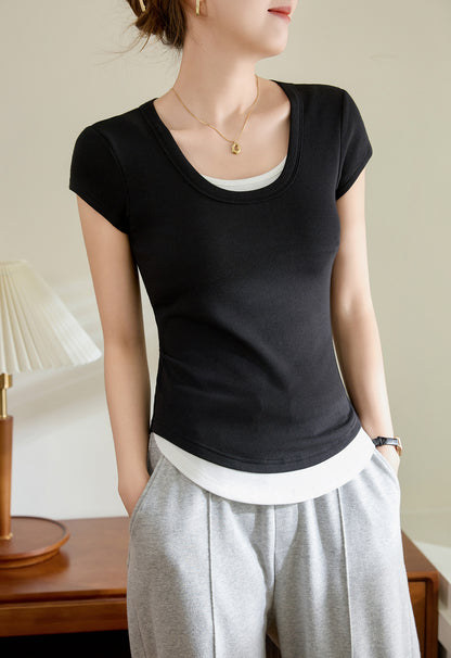 Adiffu Comfortable Cotton Curved Patchwork Short Sleeve T-shirt