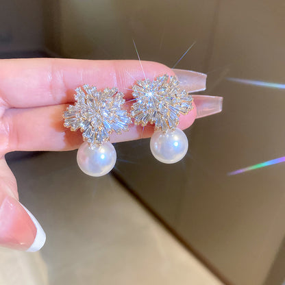Adiffu Diamond And Flower Pearl Earrings