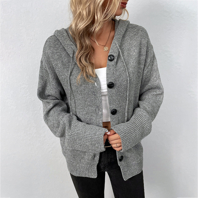 Adiffu Women's Single-breasted Solid Color Hooded Drawstring Knit Cardigan Sweater