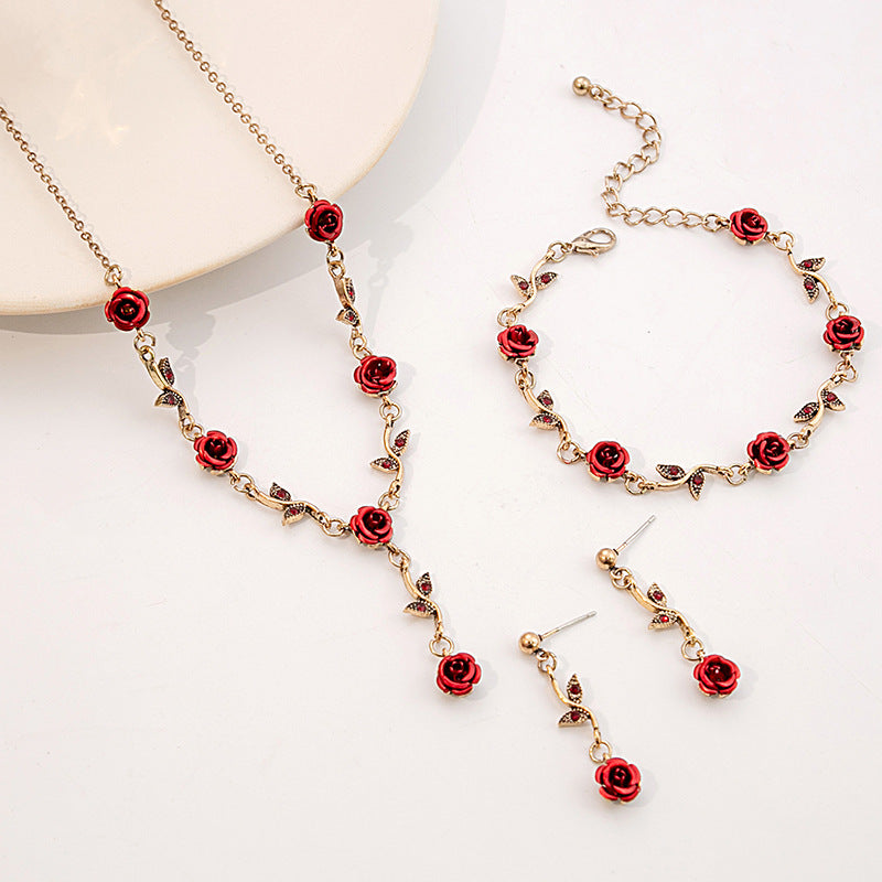 Adiffu Vintage Romantic Red Rose Jewelry Set