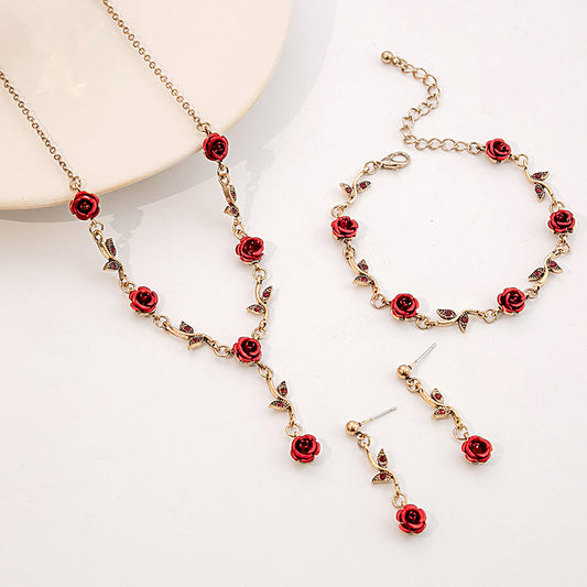 Adiffu Vintage Romantic Red Rose Jewelry Set