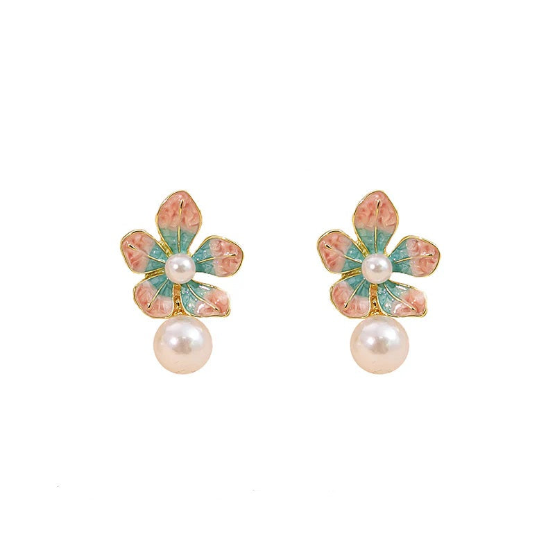 Blossom Pearl Enamel Earrings – Cute Pink & Blue Floral Pearl Drop Earrings for Women | Korean Sweet Style Jewelry