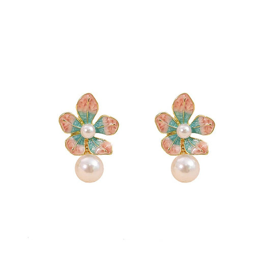 Adiffu Sweet Dripping Oil Flower Pearl Earrings