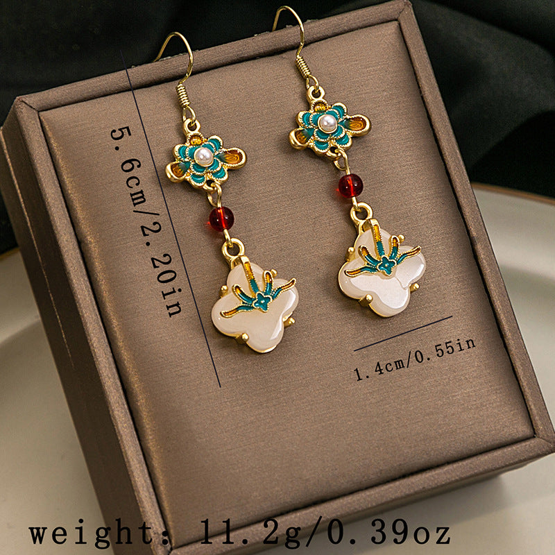 National Style Retro Imitation Jade Four-leaf Clover Earrings