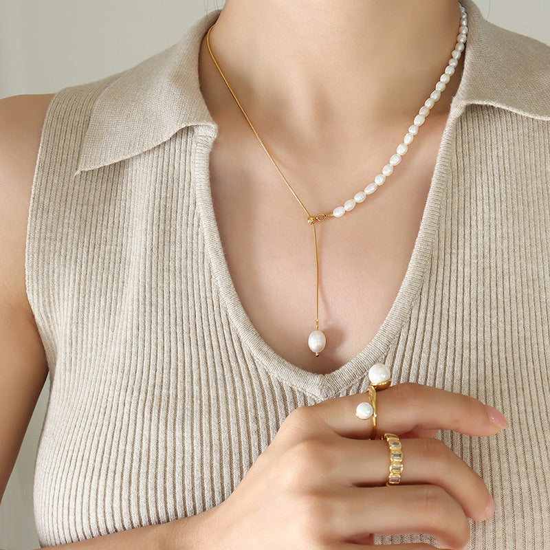 Adiffu French Fresh Water Pearl Adjustable Fringe Pendant Necklace