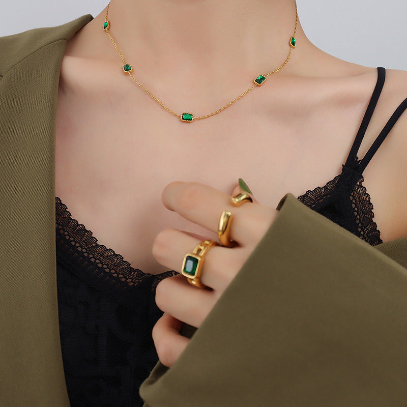 Adiffu Natural Square Emerald Zircon Collarbone Necklace