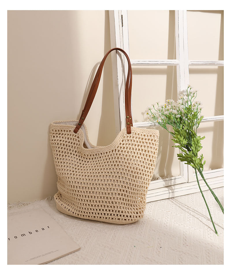 Adiffu Leisure Hollow Single Shoulder Cotton Woven Bag Portable Straw Woven Bag Seaside Holiday Beach Bag Women's Bag
