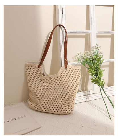 Adiffu Leisure Hollow Single Shoulder Cotton Woven Bag Portable Straw Woven Bag Seaside Holiday Beach Bag Women's Bag