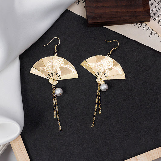 Vintage Carved Fan Folding Fan Pearl Earrings