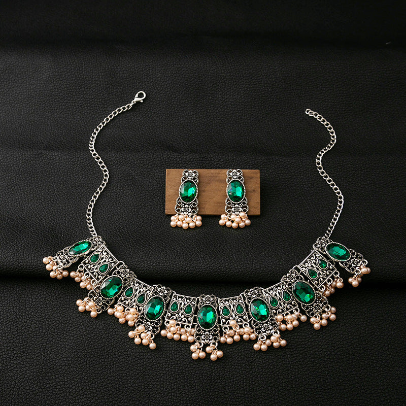 Adiffu Vintage Square Fringe Rice Bead Pendant Jewelry Set