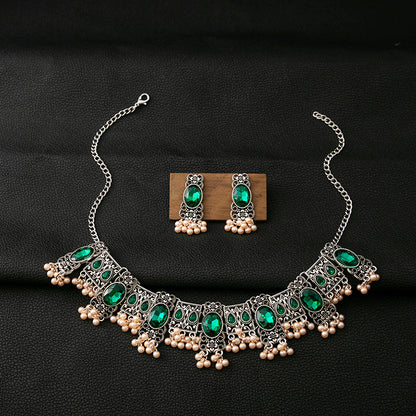 Adiffu Vintage Square Fringe Rice Bead Pendant Jewelry Set