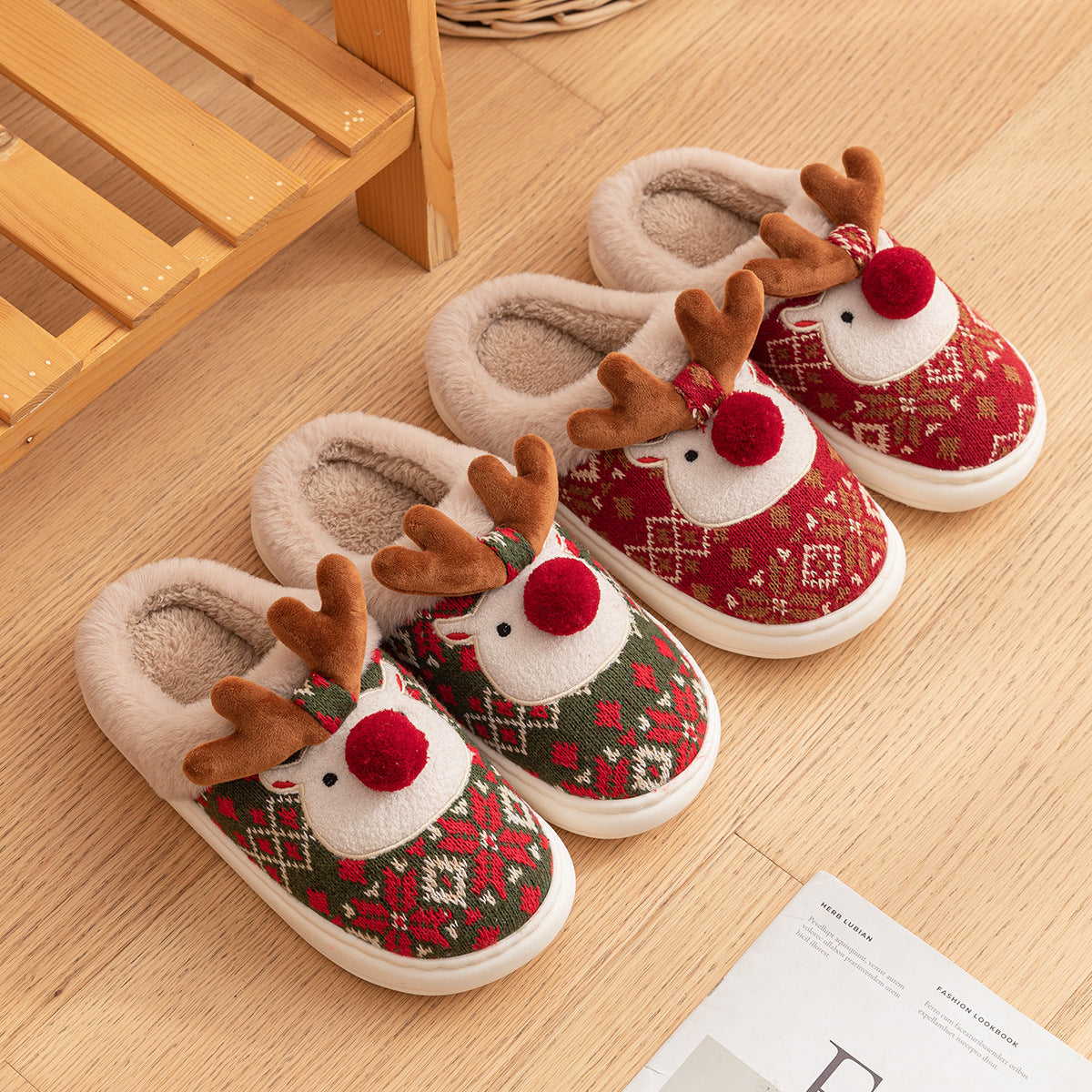 Adiffu Cute Christmas Moose Cotton Slippers
