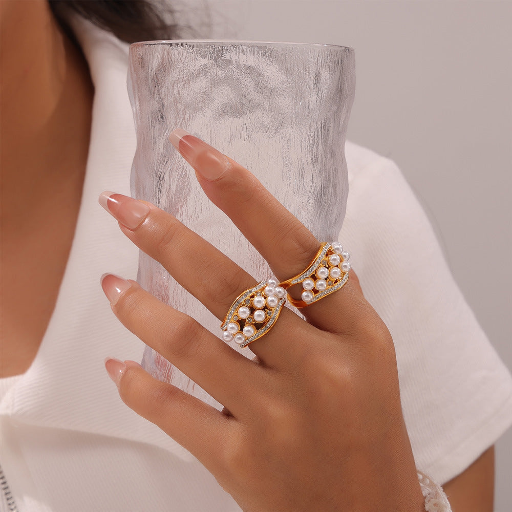 Adiffu Exquisite Zircon Imitation Pearl Ring