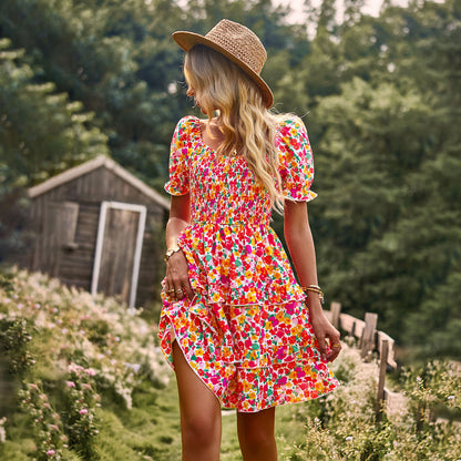 Adiffu Floral Short Sleeve Cake Dress