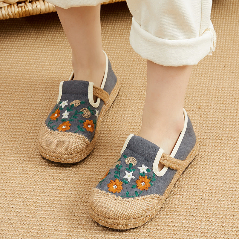 Adiffu Women's Flat Low Top Embroidered Flats Linen Casual Shoes Embroidered Shoes