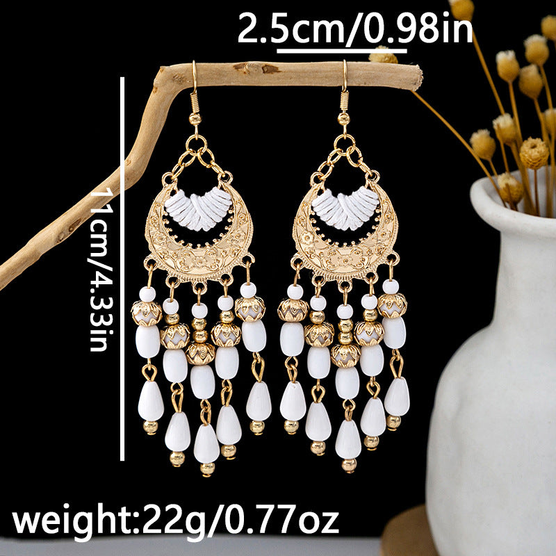 Adiffu Boho Style Rice Beads Fringe Long Earrings