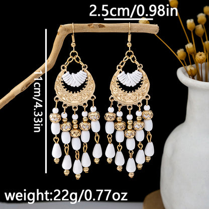 Adiffu Boho Style Rice Beads Fringe Long Earrings