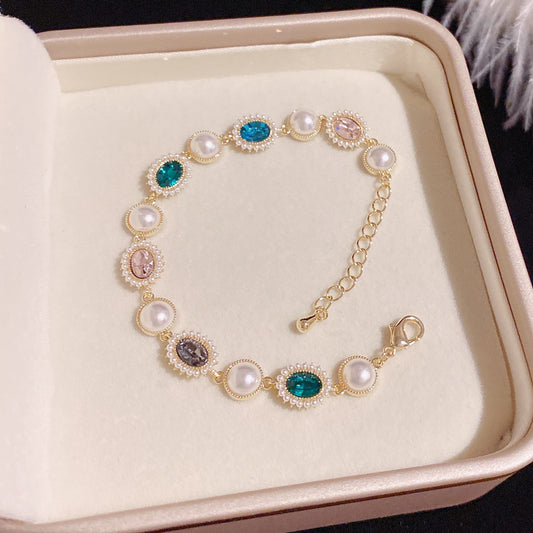 Vintage Color Zircon Imitation Pearl Bracelet