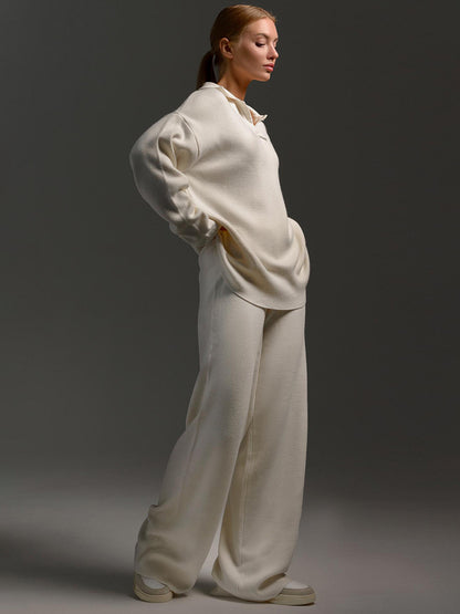 Adiffu Polo Neck Knit Pullover And Wide-leg Trousers