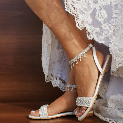 Adiffu Women's Summer White Flat Sandals Wedding Shoes