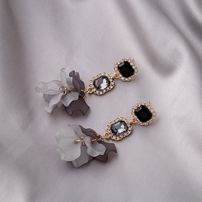 Adiffu Crystal Black Rose Petal Earrings