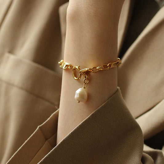 Gold Simple Personality Thick Chain Natural Real Pearl Bracelet