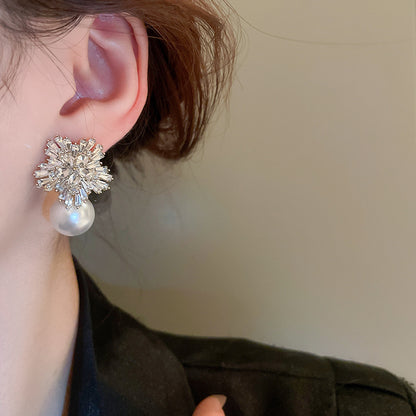 Adiffu Diamond And Flower Pearl Earrings