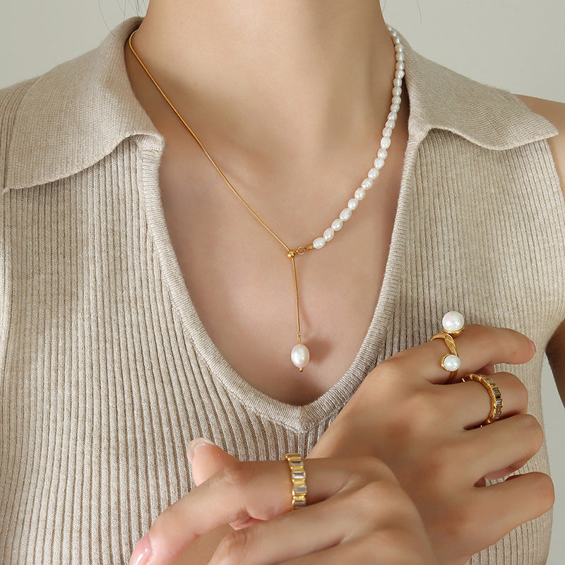 Adiffu French Fresh Water Pearl Adjustable Fringe Pendant Necklace