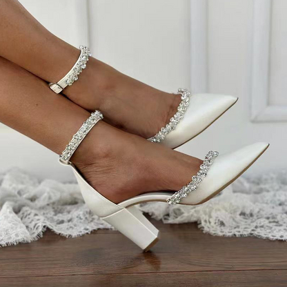 Adiffu Women's Handmade White Wedding Shoes Bridal Block Heels