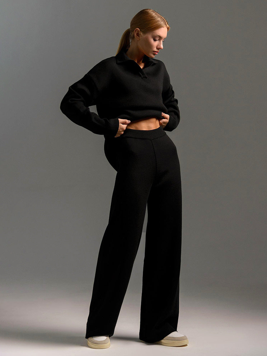 Adiffu Polo Neck Knit Pullover And Wide-leg Trousers