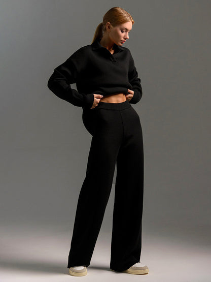 Adiffu Polo Neck Knit Pullover And Wide-leg Trousers