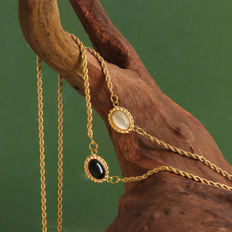 Adiffu Geometric Texture Oval Pendant Double Necklace