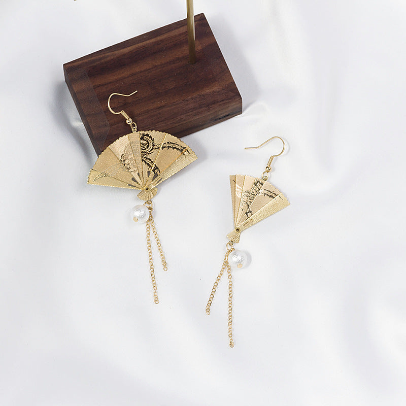 Vintage Carved Fan Folding Fan Pearl Earrings