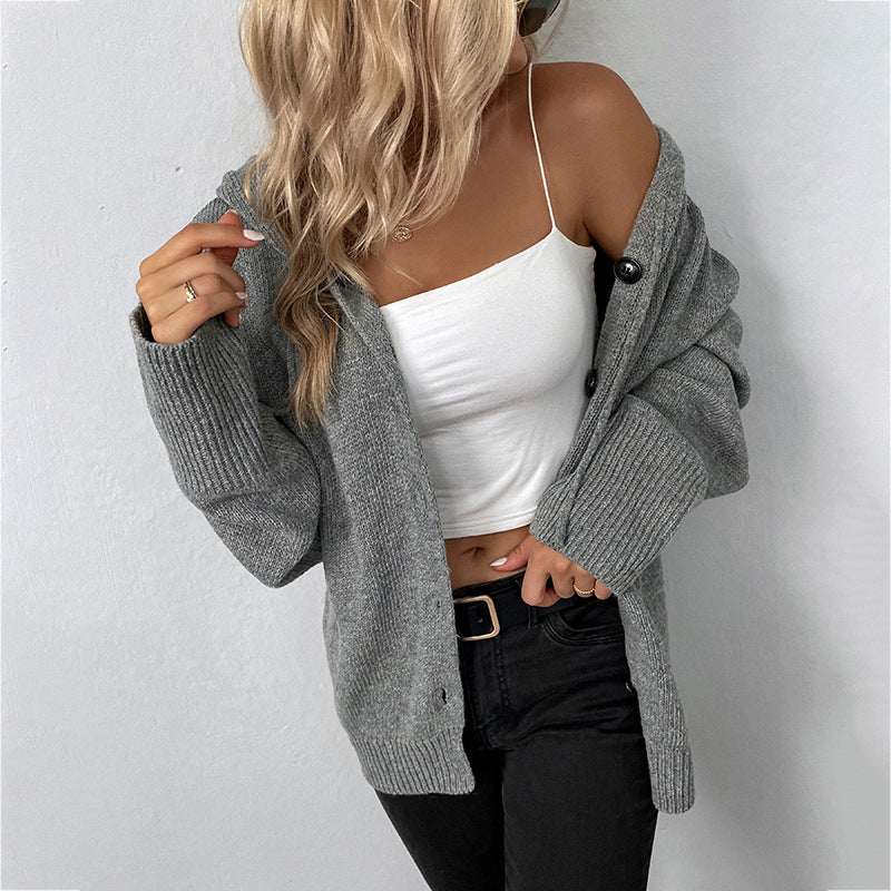 Adiffu Women's Single-breasted Solid Color Hooded Drawstring Knit Cardigan Sweater