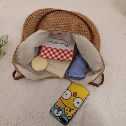 Adiffu Leisure Hollow Single Shoulder Cotton Woven Bag Portable Straw Woven Bag Seaside Holiday Beach Bag Women's Bag