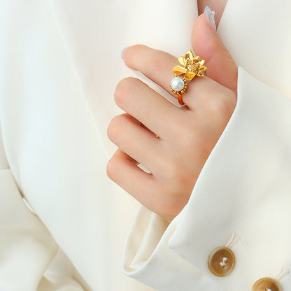 Adiffu Baroque Imitation Pearl Flower Shape Open Ring