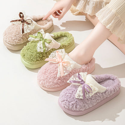 Adiffu Bow Indoor Warm Non-slip Plush Slippers