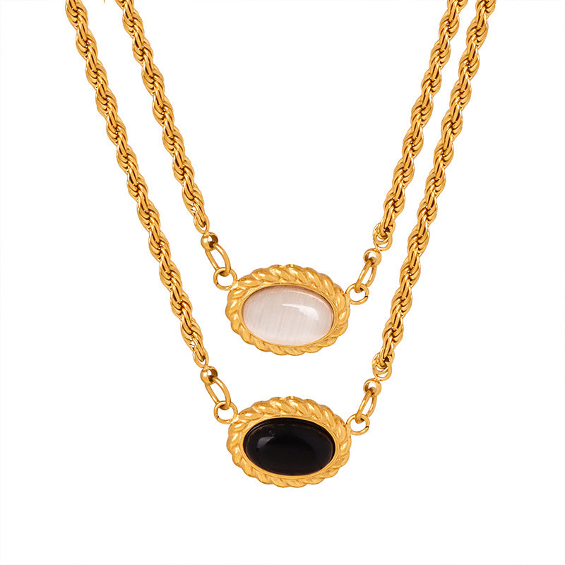 Adiffu Geometric Texture Oval Pendant Double Necklace