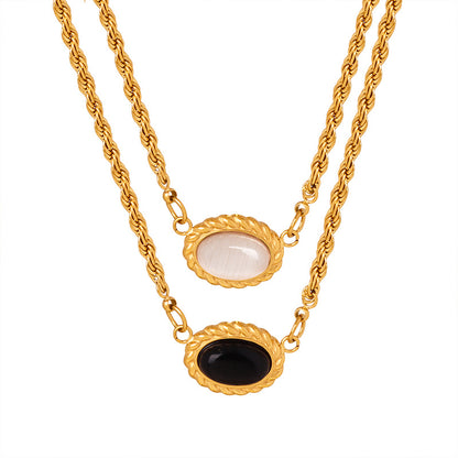 Adiffu Geometric Texture Oval Pendant Double Necklace