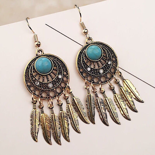 Adiffu Vintage Dreamcatcher Leaf Tassel Earrings