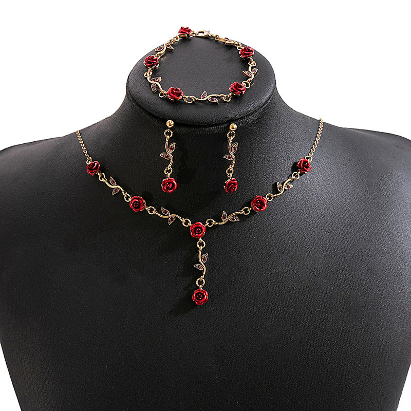 Adiffu Vintage Romantic Red Rose Jewelry Set